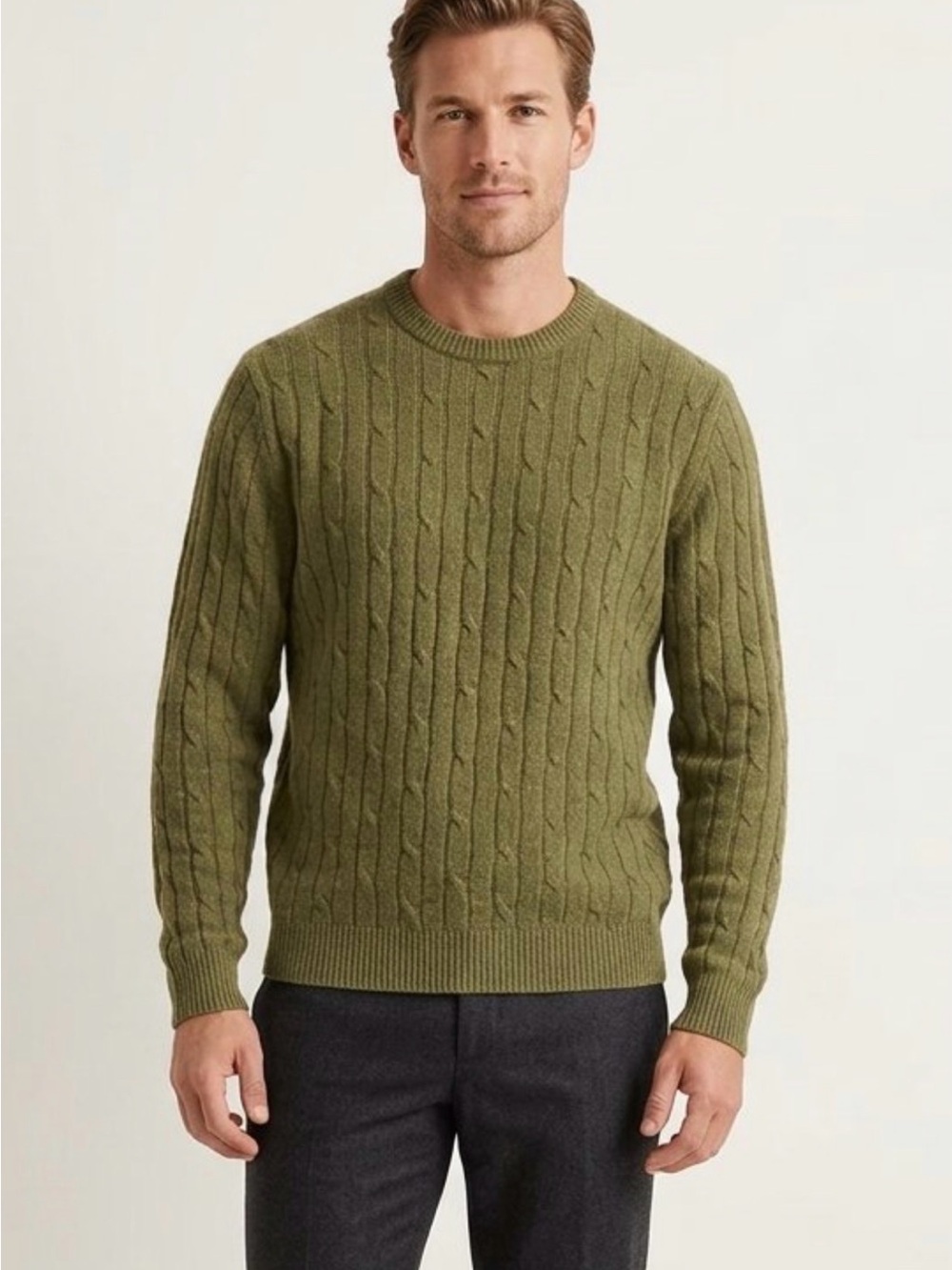 Marconi Men's Olive Cable Crewneck Wool Lambswool Sweater SzL